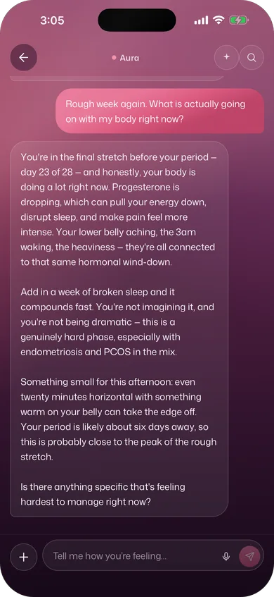 Ask Aura: she asks what is going on with her body this week, and Aura answers from her cycle day and recent symptoms.