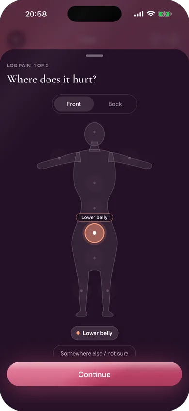 Logging pain: a body map asking where it hurts, with the lower belly selected.
