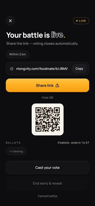 A live group battle with a share link and QR code