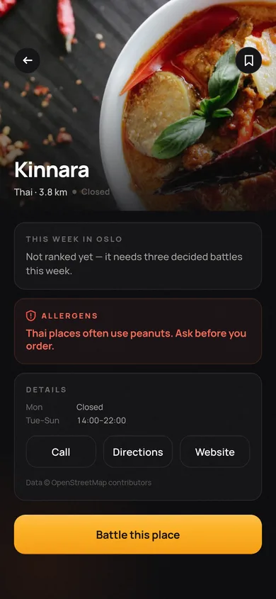 A restaurant page with a peanut warning, opening hours, call, directions and website