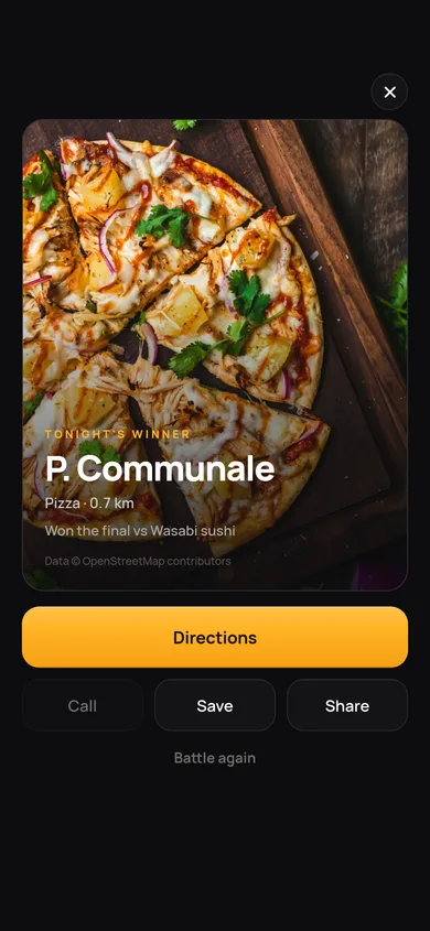 Tonight's winner with directions, save and share