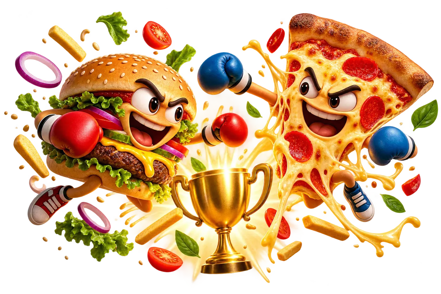 A cartoon burger and a slice of pizza in boxing gloves squaring off over a golden trophy, with fries, tomatoes and lettuce flying