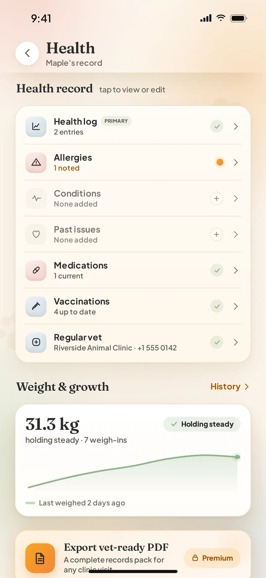 PawPal health record categories and a weight trend chart holding steady at 31.3 kg