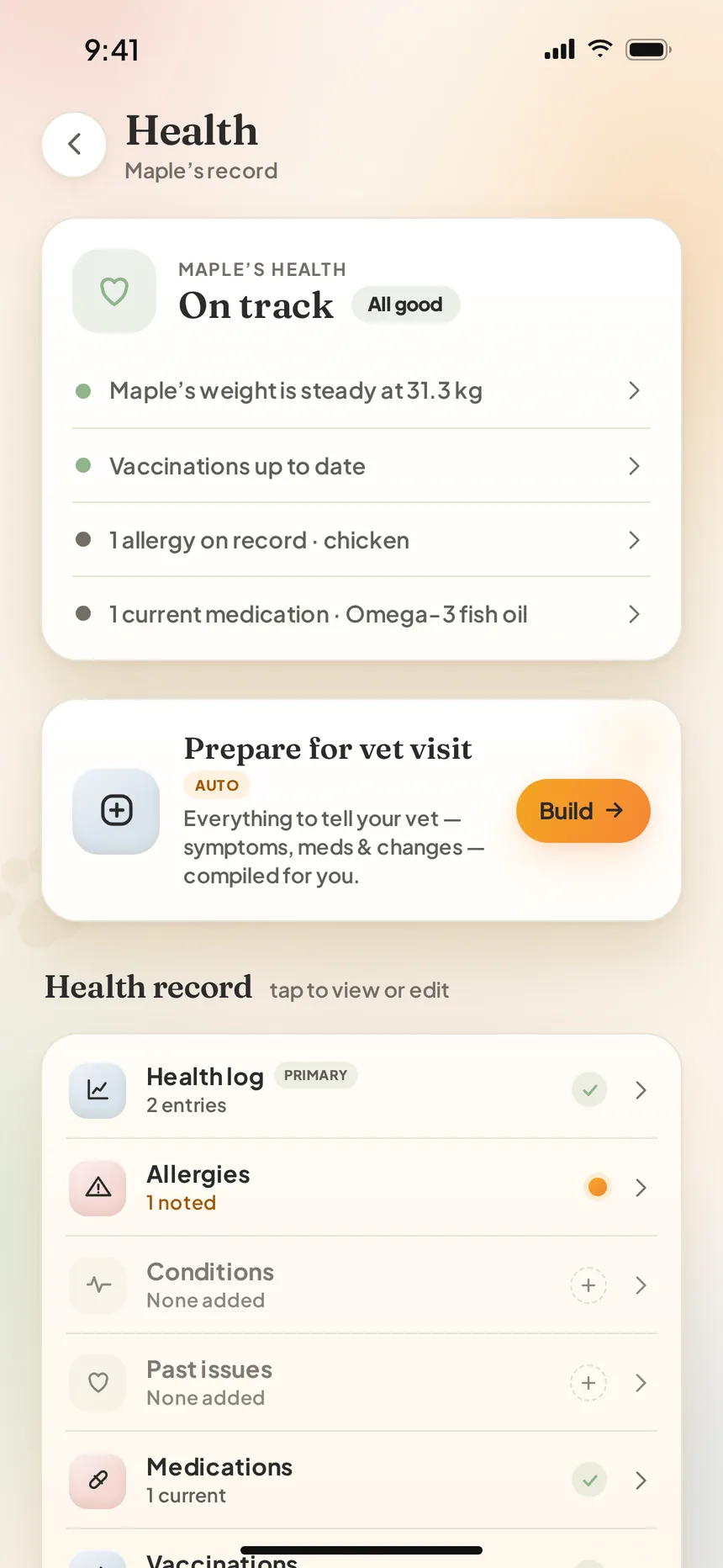 PawPal Health screen showing Maple's health on track: steady weight, vaccinations up to date, one allergy, one medication