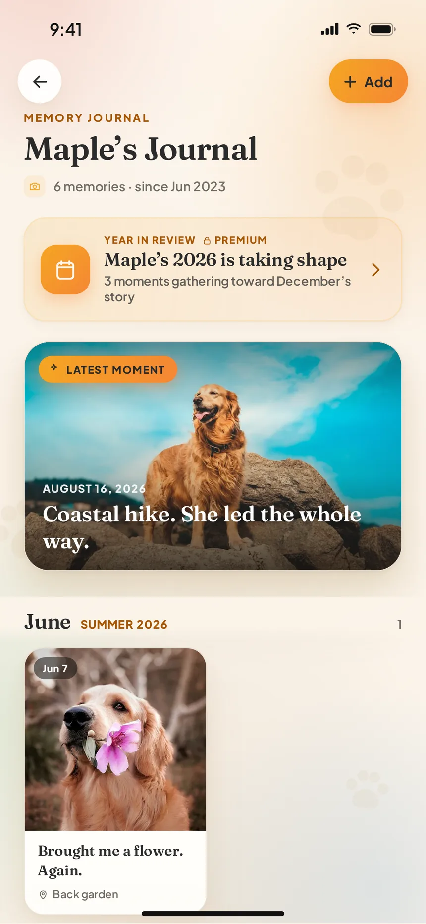 PawPal memory journal for Maple with her latest moment, a coastal hike photo