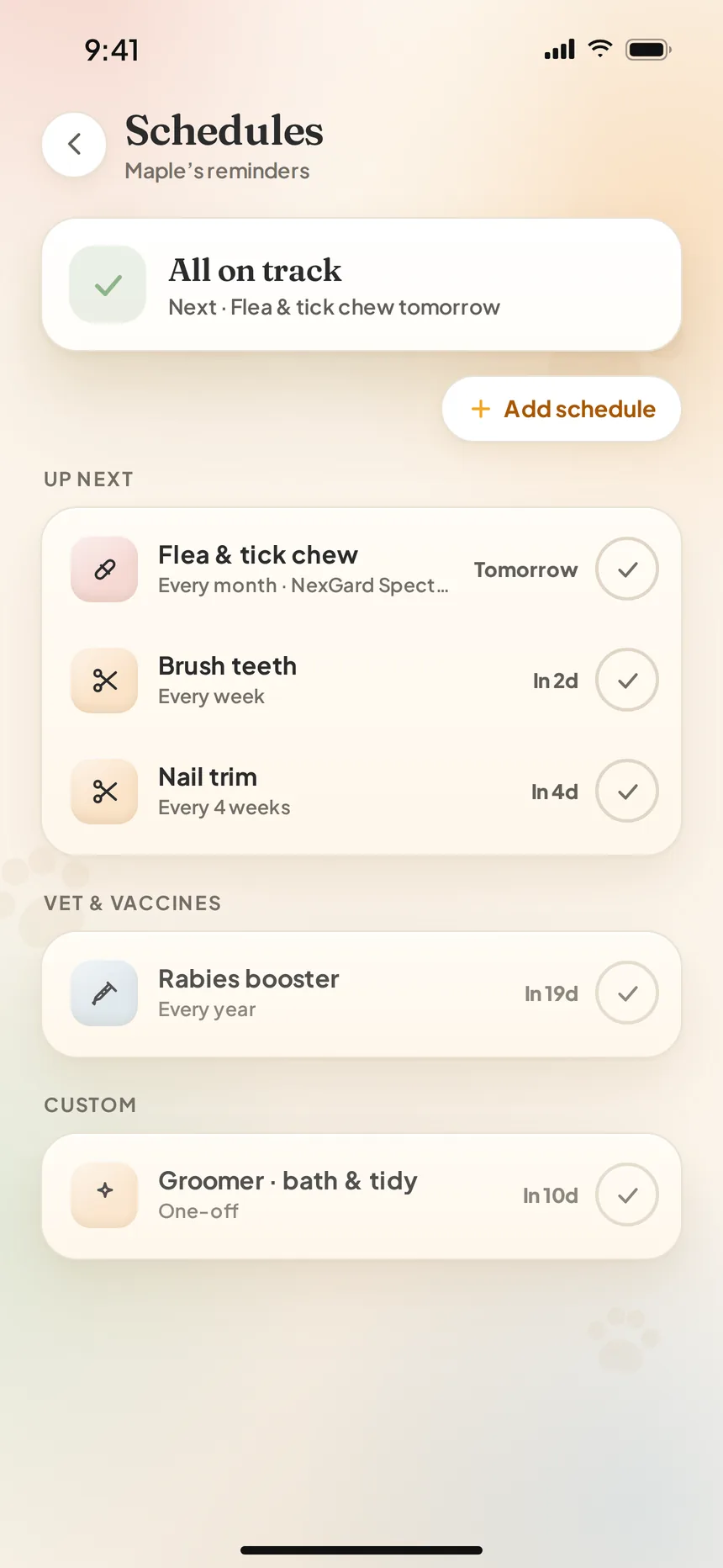PawPal Schedules screen with upcoming flea and tick, teeth brushing, nail trim, rabies booster and groomer reminders