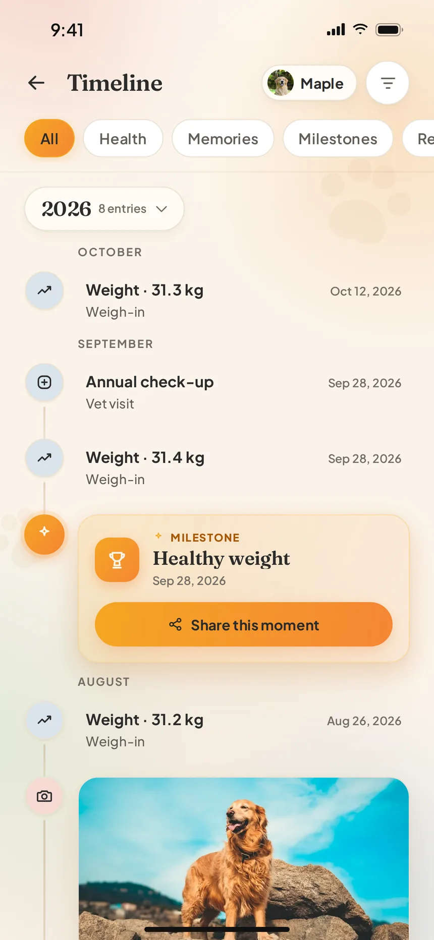 PawPal timeline mixing weigh-ins, a vet check-up, a healthy-weight milestone and a photo memory