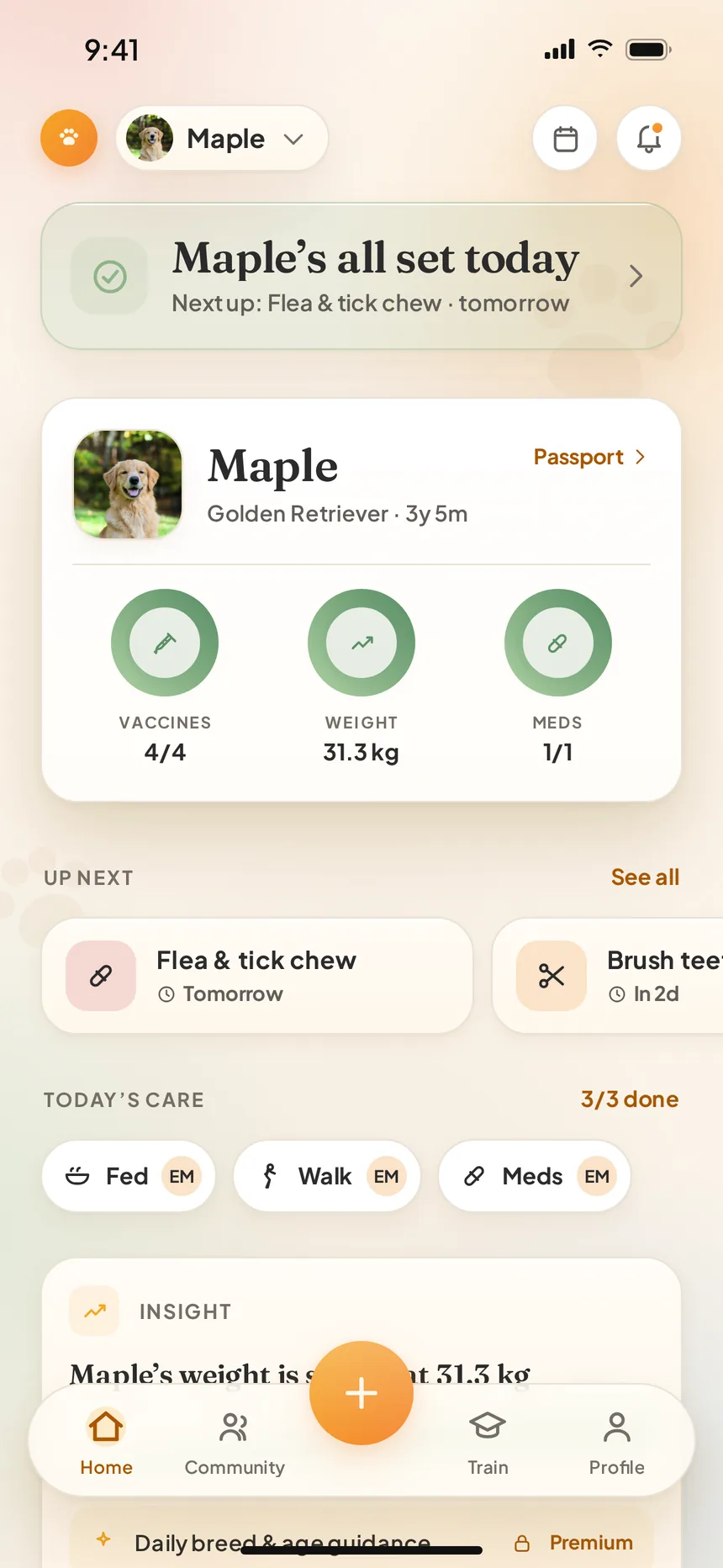PawPal Today screen: Maple's all set today, with vaccine, weight and medication rings, what's up next and today's care