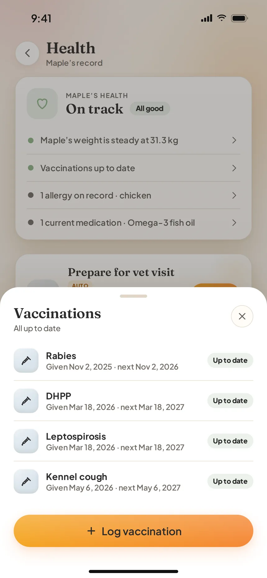 PawPal vaccination record: Rabies, DHPP, Leptospirosis and Kennel cough, all up to date with next due dates